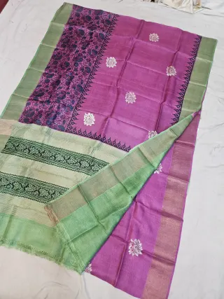 Magenta and Sage Green Pure Gachi Tussar Block Print Saree with Floral Jaal and Striped Pallu