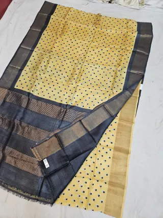 Mustard Yellow and Charcoal Black Pure Gachi Tussar Block Print Saree with Floral Butis and Striped Pallu