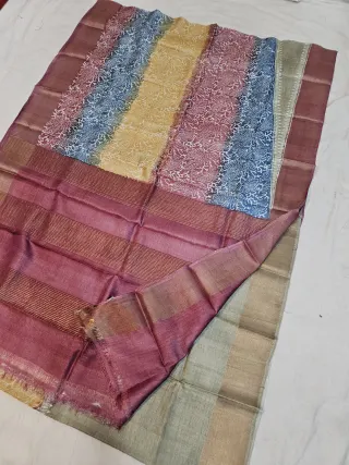 Multi-colour Striped and Rose Wine Pure Gachi Tussar Block Print Saree with Floral Jaal and Striped Pallu