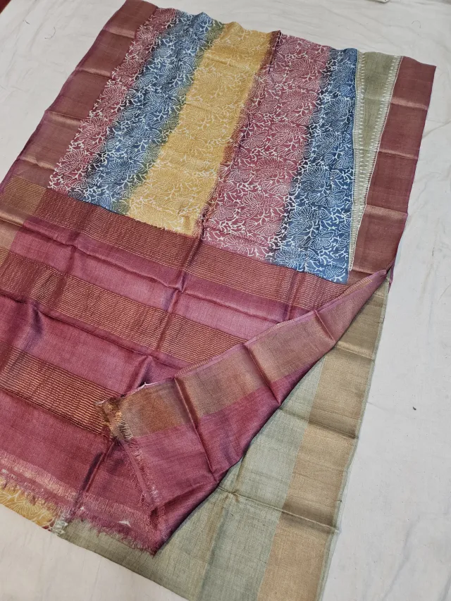 Multi-colour Striped and Rose Wine Pure Gachi Tussar Block Print Saree with Floral Jaal and Striped Pallu