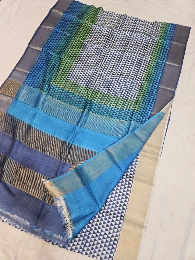 Off-White and Turquoise Blue Pure Gachi Tussar Block Print Saree with Geometric Triangle Jaal and Striped Pallu