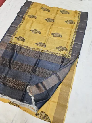Mustard Yellow and Charcoal Black Pure Gachi Tussar Block Print Saree with Paisley Motifs and Metallic Striped Pallu