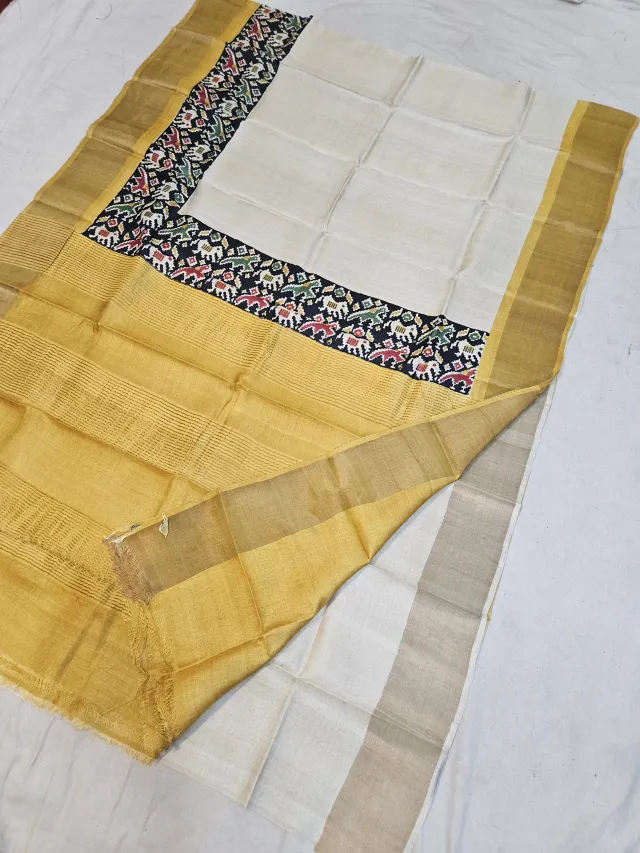 Off-White and Mustard Yellow Pure Gachi Tussar Block Print Saree with Patola Motifs and Metallic Striped Pallu