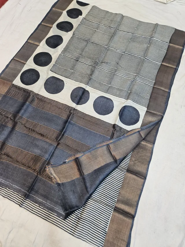 Off-White and Charcoal Black Pure Gachi Tussar Block Print Saree with Fine Stripes, Bold Polka Border, and Metallic Pallu
