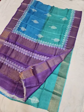 Peacock Blue-Green and Purple Pure Gachi Tussar Block Print Saree with Feather Motifs and Striped Pallu