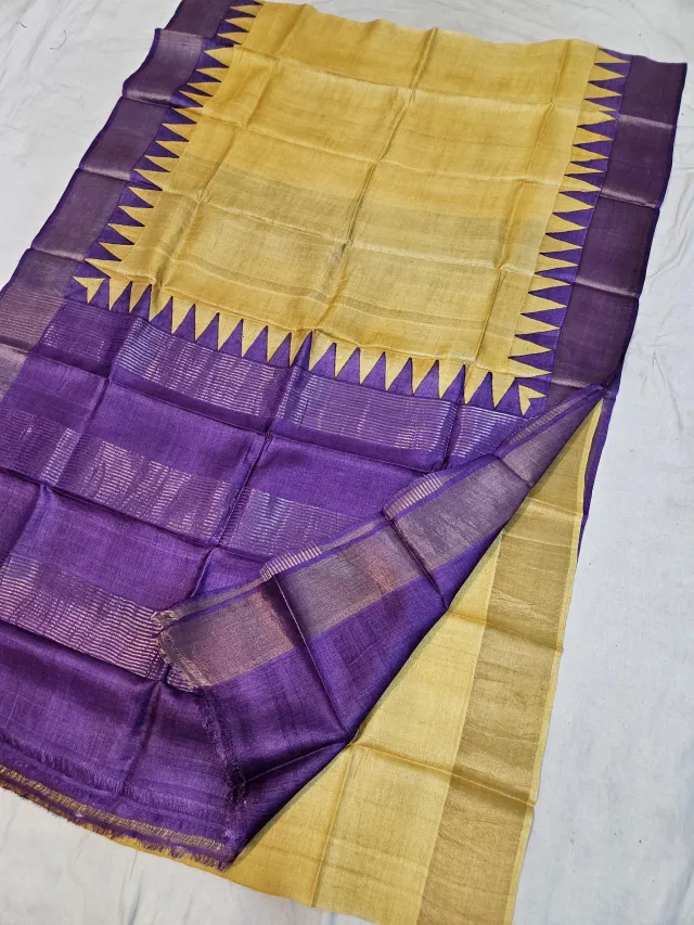 Mustard Yellow and Royal Purple Pure Gachi Tussar Block Print Saree with Temple Border and Metallic Striped Pallu