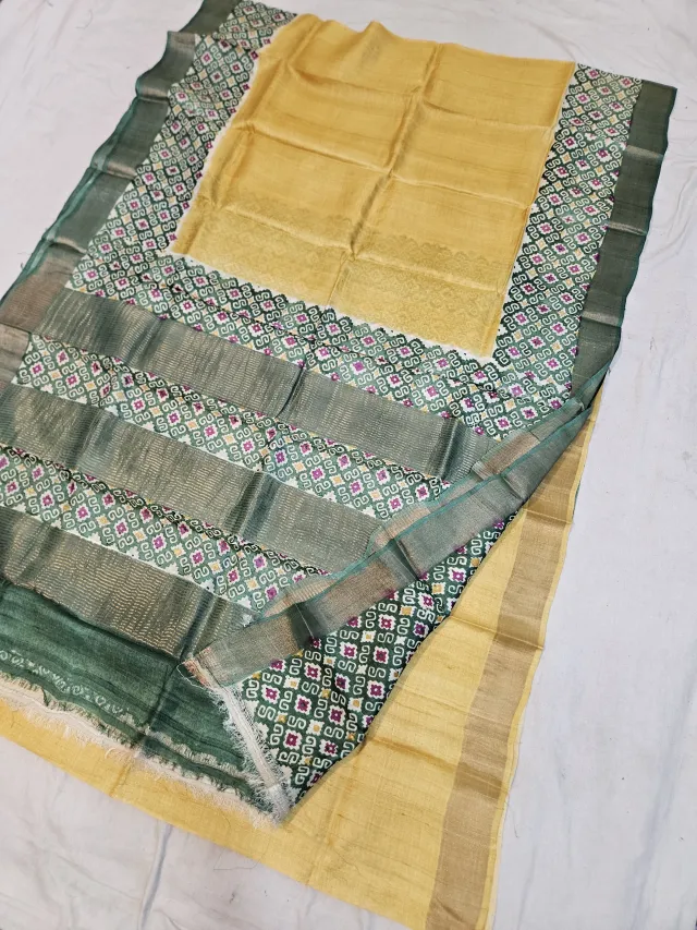 Cream and Bottle Green Pure Gachi Tussar Block Print Saree with Geometric Mosaic Motifs and Striped Pallu