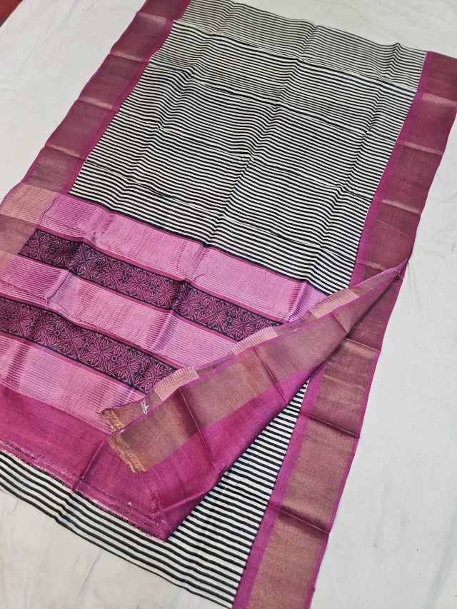 Off-White and Magenta Pink Pure Gachi Tussar Block Print Saree with Fine Stripes and Floral Pallu