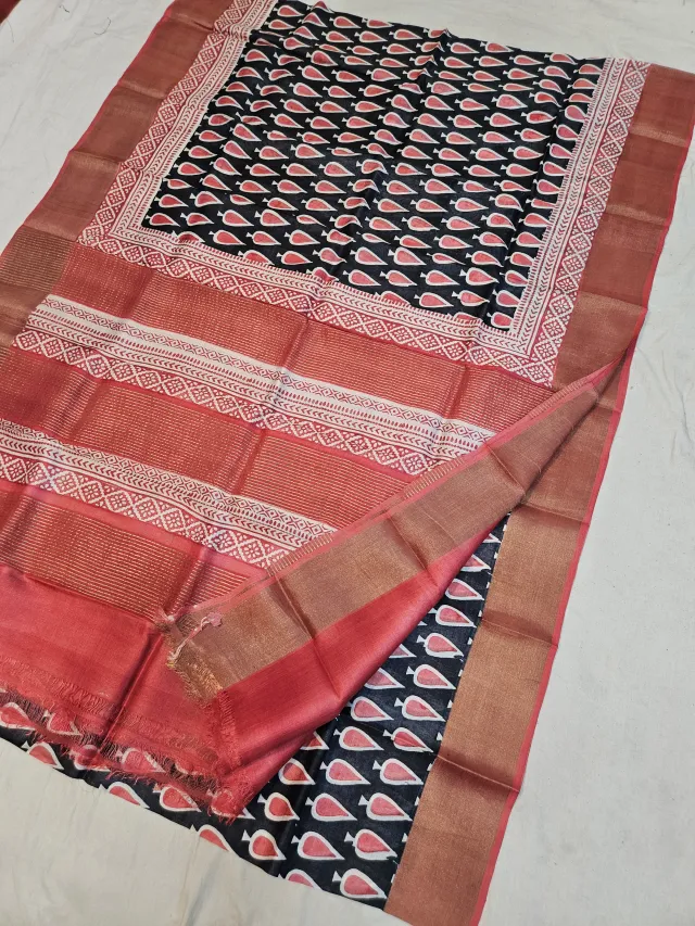 Charcoal Black and Coral Red Pure Gachi Tussar Block Print Saree with Leaf Motifs and Geometric Pallu