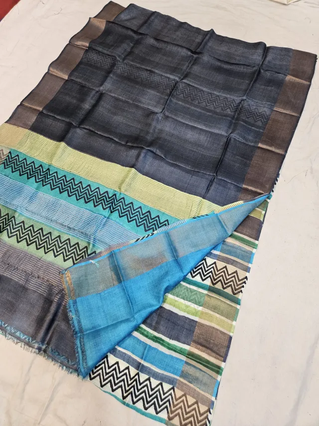 Charcoal Black and Multi-Colour Pure Gachi Tussar Block Print Saree with Chevron Stripes and Metallic Pallu