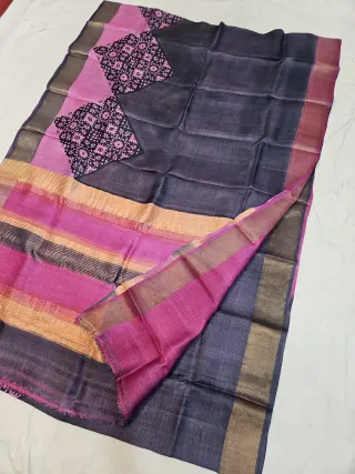 Charcoal Black and Magenta Pink Pure Gachi Tussar Block Print Saree with Mandala Tile Motifs and Colour-Blocked Pallu