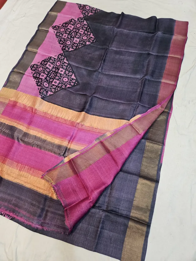 Charcoal Black and Magenta Pink Pure Gachi Tussar Block Print Saree with Mandala Tile Motifs and Colour-Blocked Pallu