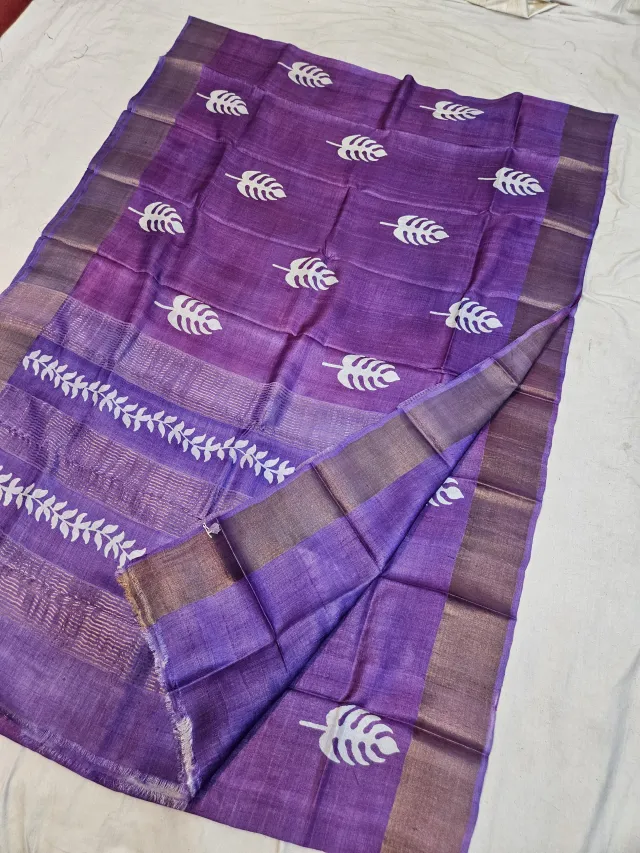 Royal Purple Pure Gachi Tussar Block Print Saree with Tropical Leaf Motifs and Striped Pallu