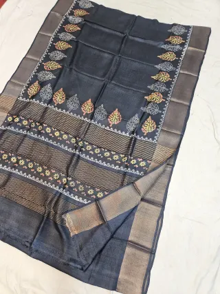 Charcoal Black Pure Gachi Tussar Block Print Saree with Tropical Leaf Border and Metallic Striped Pallu