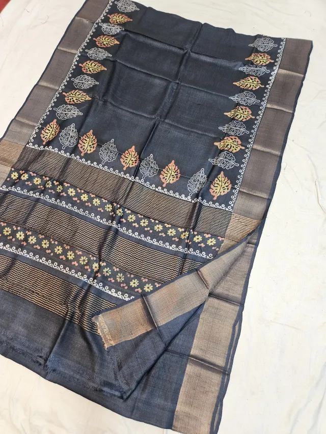Charcoal Black Pure Gachi Tussar Block Print Saree with Tropical Leaf Border and Metallic Striped Pallu