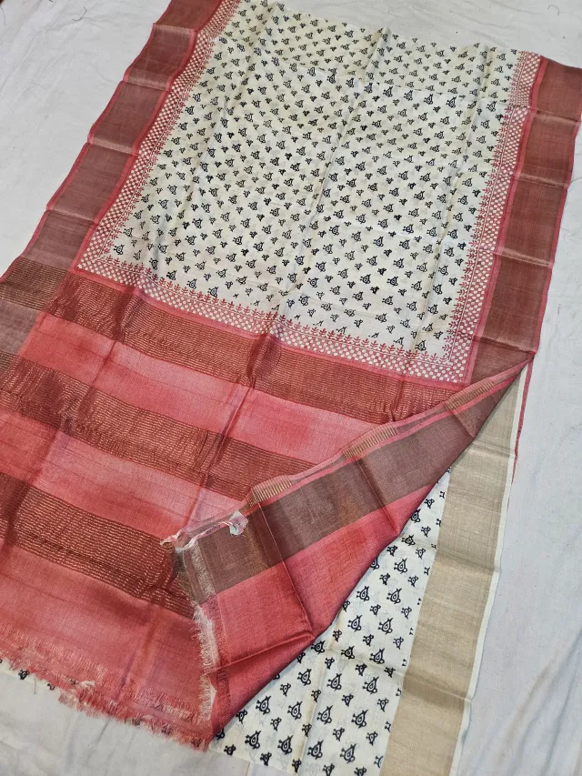 Off-White and Coral Red Pure Gachi Tussar Block Print Saree with Paisley Butis and Metallic Striped Pallu