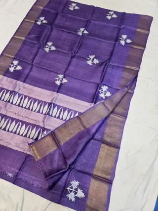 Royal Purple and Lilac Pure Gachi Tussar Block Print Saree with Floral Palm Butis and Striped Pallu