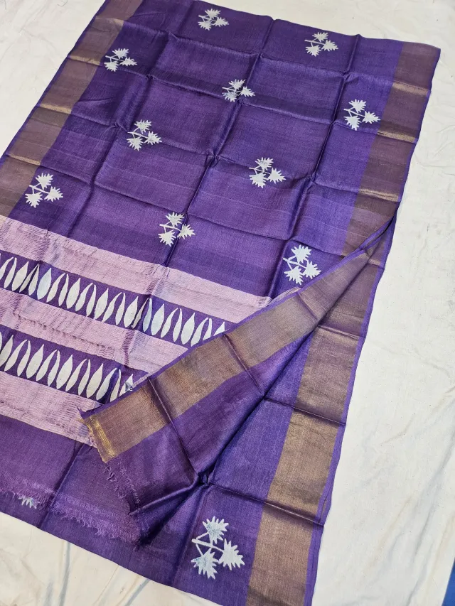 Royal Purple and Lilac Pure Gachi Tussar Block Print Saree with Floral Palm Butis and Striped Pallu