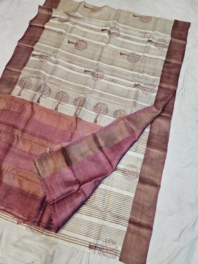 Off-White and Rose Wine Pure Gachi Tussar Block Print Saree with Tree of Life Motifs and Metallic Striped Pallu