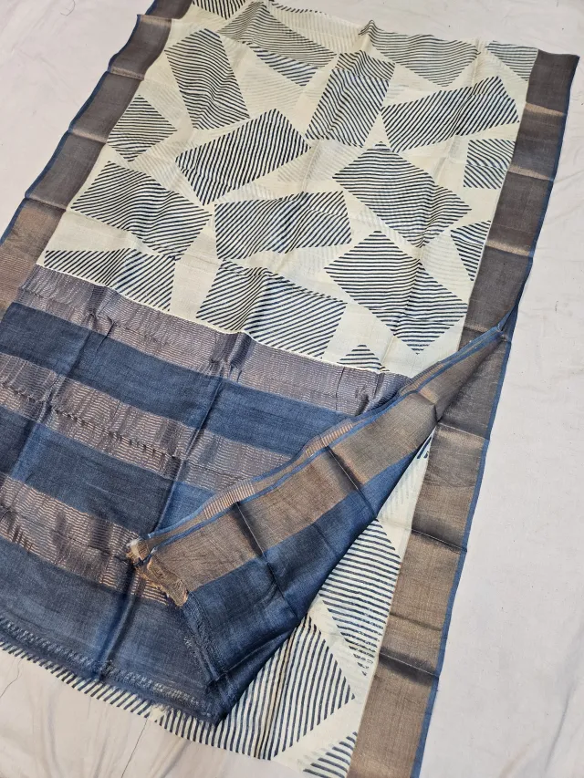 Off-White and Charcoal Black Pure Gachi Tussar Block Print Saree with Geometric Tessellation and Metallic Pallu