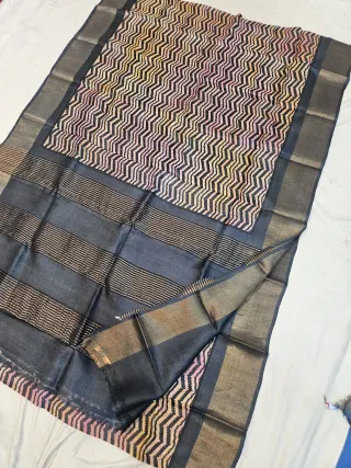 Multicolour Chevron and Bottle Green Pure Gachi Tussar Block Print Saree with Metallic Striped Pallu
