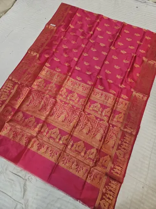 Rani Pink Self Zari Swarnachari Soft Silk Saree with Mythological Narrative Pallu