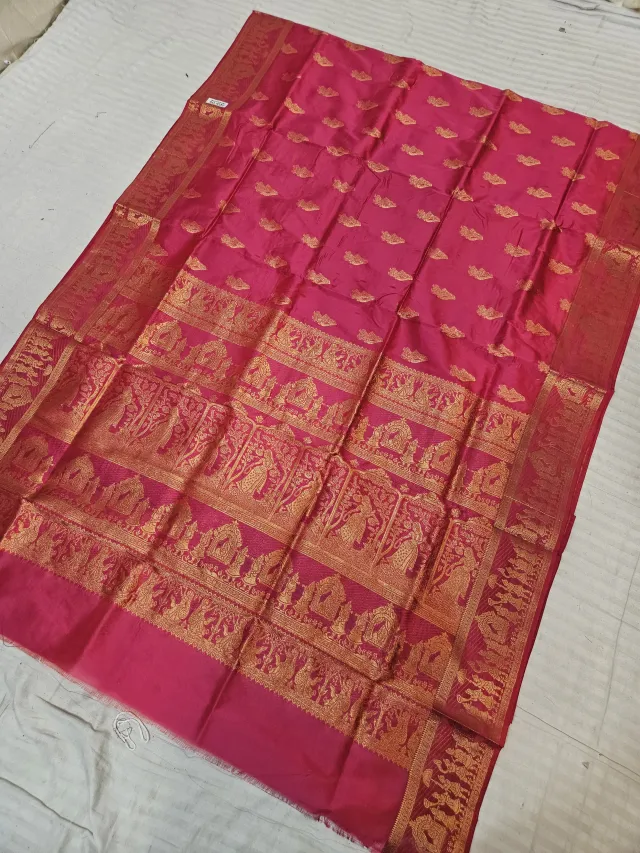 Rani Pink Self Zari Swarnachari Soft Silk Saree with Mythological Narrative Pallu