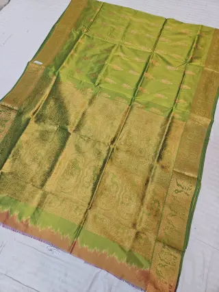 Olive Green Self Zari Swarnachari Soft Silk Saree with Mythological Narrative Pallu