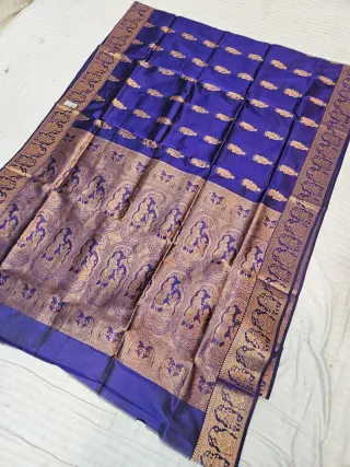 Royal Indigo Blue Self Zari Swarnachari Soft Silk Saree with Mythological Narrative Pallu