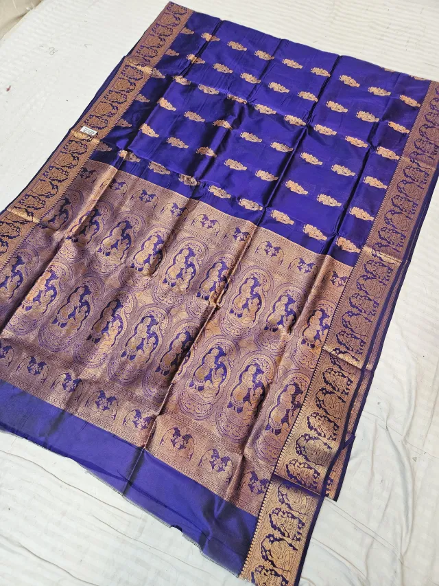 Royal Indigo Blue Self Zari Swarnachari Soft Silk Saree with Mythological Narrative Pallu
