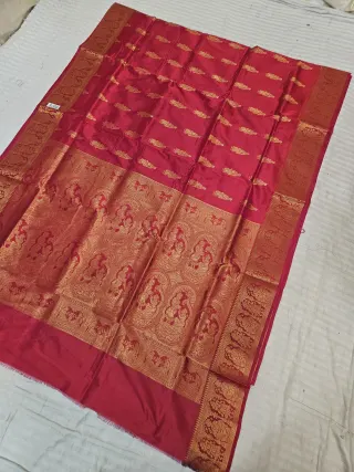 Crimson Red Self Zari Swarnachari Soft Silk Saree with Mythological Narrative Pallu