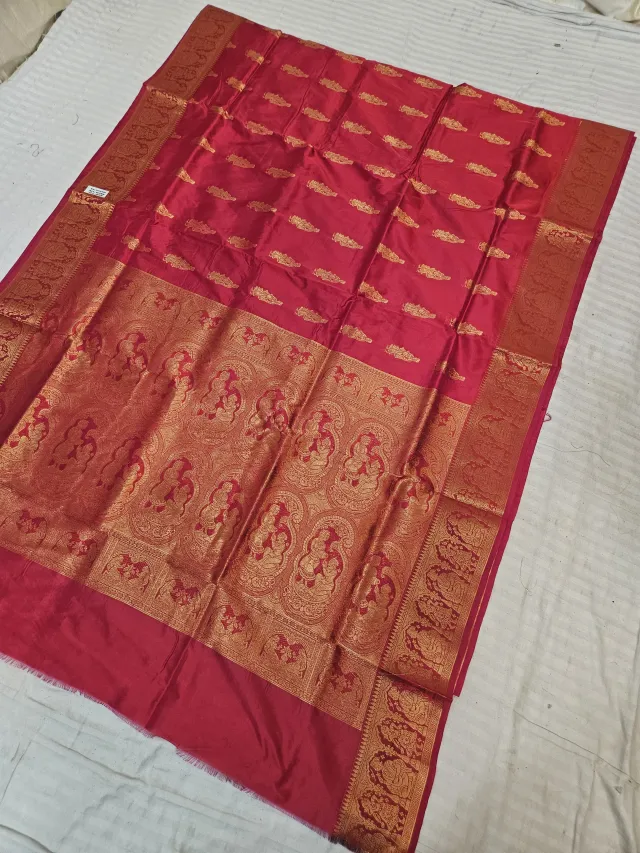 Crimson Red Self Zari Swarnachari Soft Silk Saree with Mythological Narrative Pallu