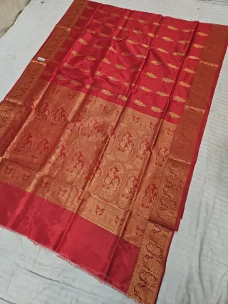 Scarlet Red Self Zari Swarnachari Soft Silk Saree with Mythological Narrative Pallu