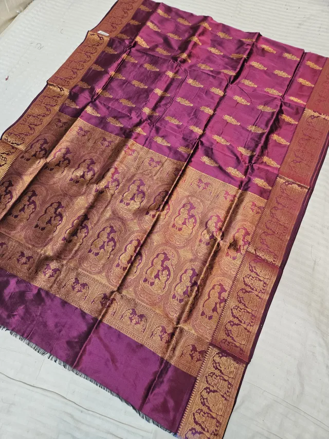 Plum Magenta Self Zari Swarnachari Soft Silk Saree with Mythological Narrative Pallu