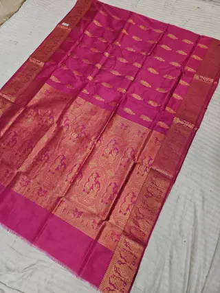 Hot Pink Self Zari Swarnachari Soft Silk Saree with Mythological Narrative Pallu