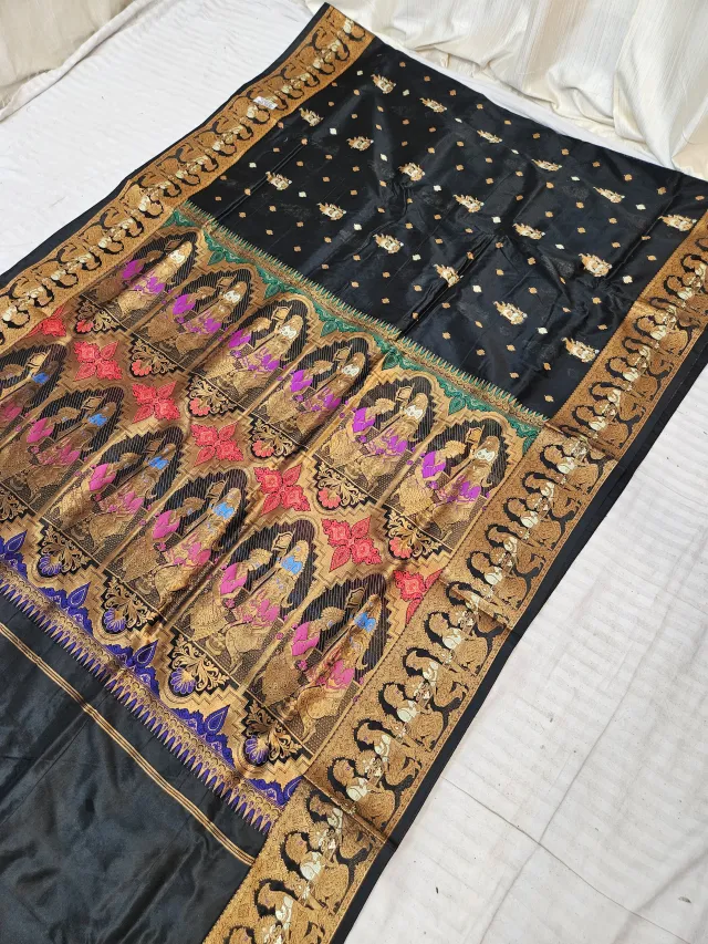 Jet Black Self Zari Swarnachari Soft Silk Saree with Meenakari Narrative Pallu