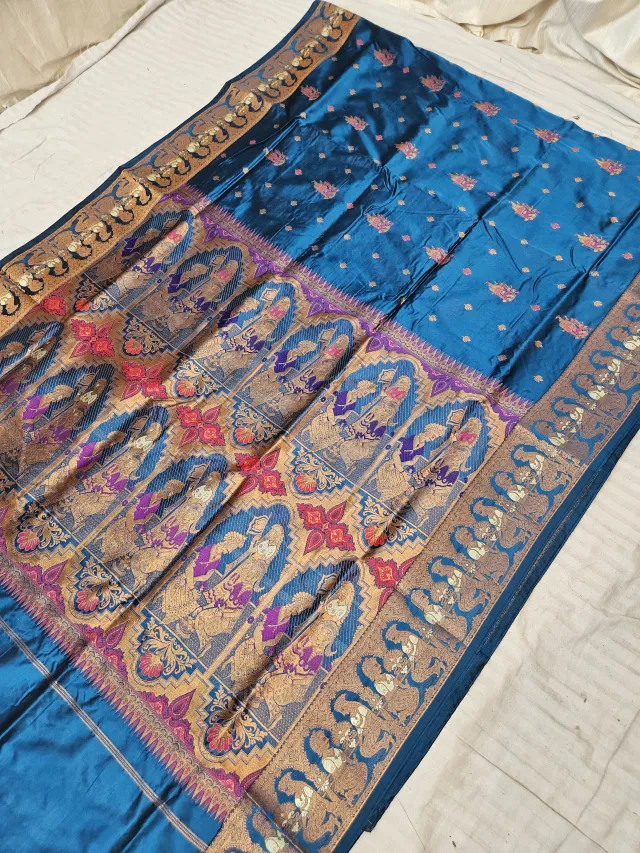 Deep Peacock Blue Self Zari Swarnachari Soft Silk Saree with Meenakari Narrative Pallu