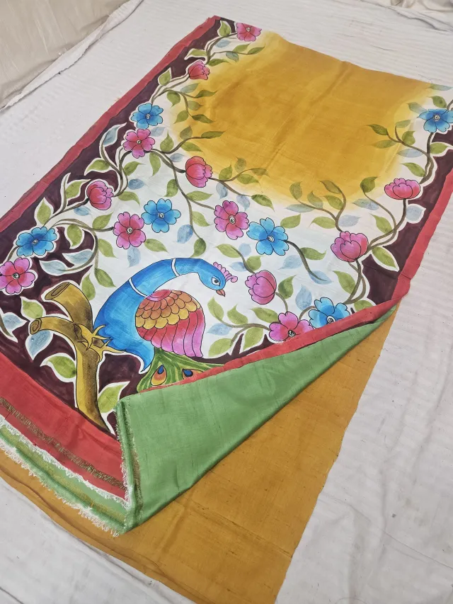 Mustard Yellow Hand Painted Peacock Pure Murshidabad Katan Silk Saree