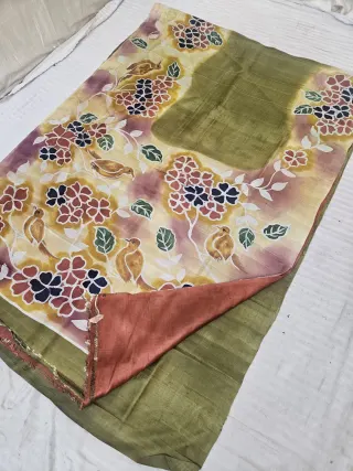 Olive Green Hand Painted Birds and Floral Pure Murshidabad Katan Silk Saree
