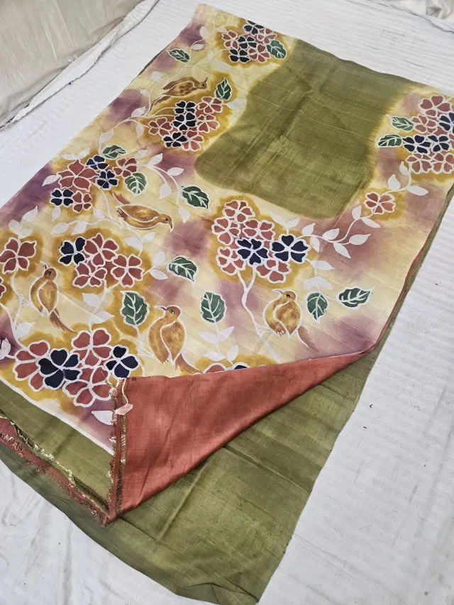 Olive Green Hand Painted Birds and Floral Pure Murshidabad Katan Silk Saree