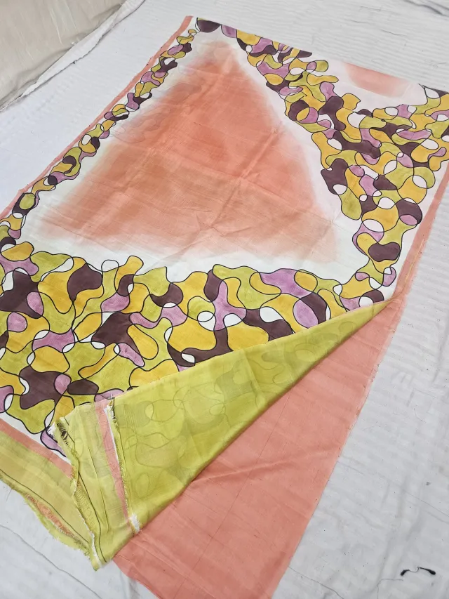Warm Peach Abstract Hand Painted Pure Murshidabad Katan Silk Saree