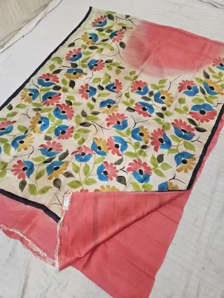 Peach Pink Floral Botanical Hand Painted Pure Murshidabad Katan Silk Saree