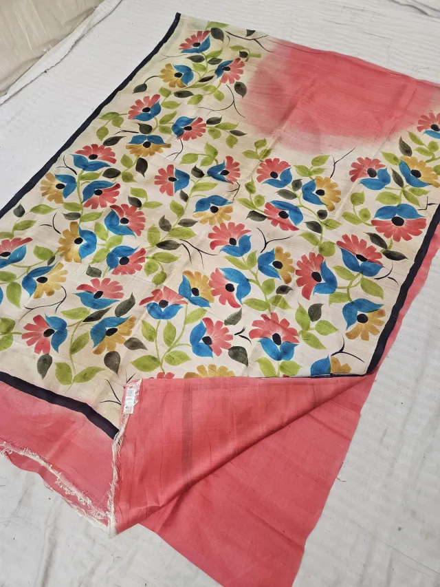 Peach Pink Floral Botanical Hand Painted Pure Murshidabad Katan Silk Saree