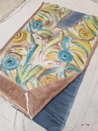 Slate Blue Hand Painted Horse Motif Pure Murshidabad Katan Silk Saree