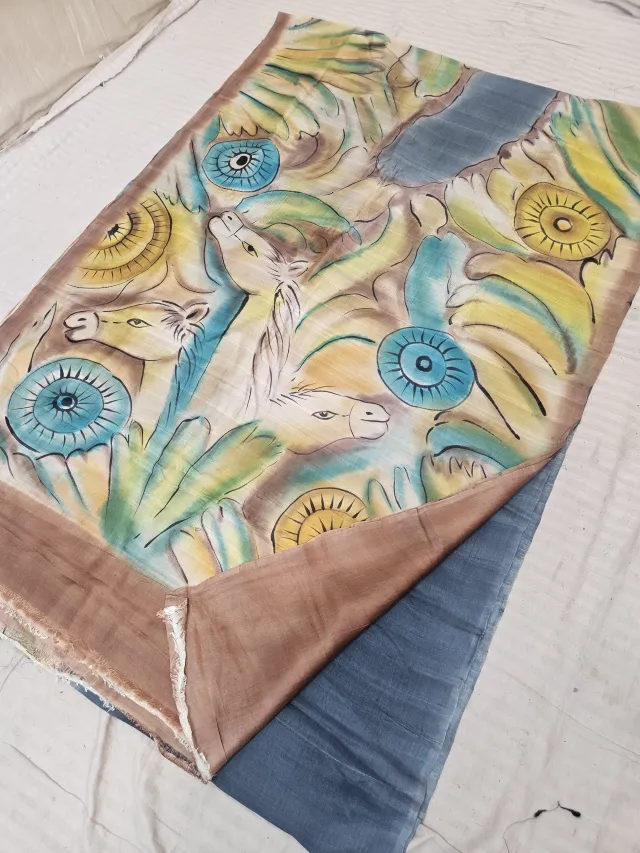 Slate Blue Hand Painted Horse Motif Pure Murshidabad Katan Silk Saree