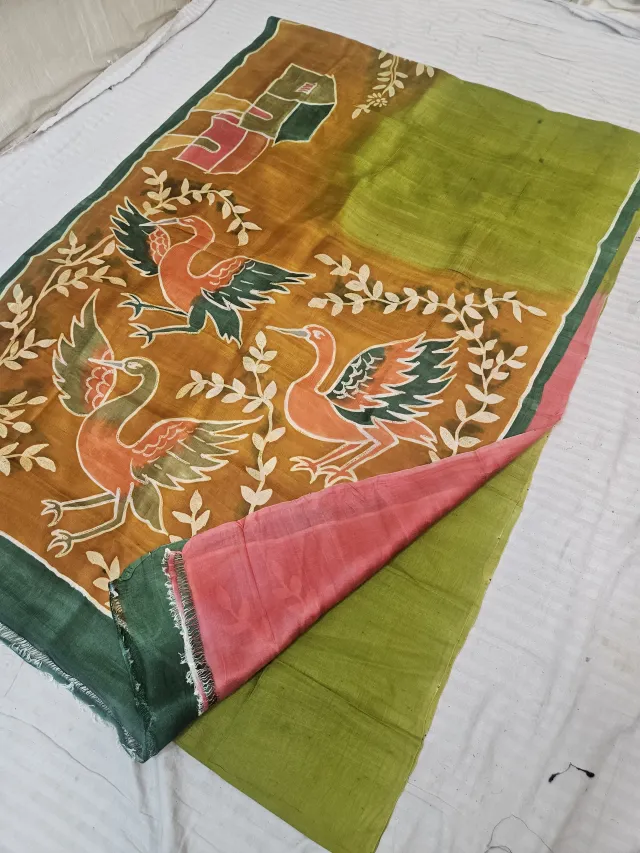 Olive Green Hand Painted Crane Motif Pure Murshidabad Katan Silk Saree