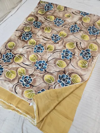 Mocha Beige Hand Painted Blue Floral Pure Murshidabad Katan Silk Saree