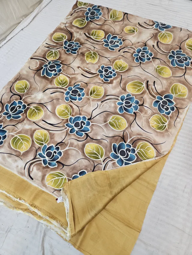 Mocha Beige Hand Painted Blue Floral Pure Murshidabad Katan Silk Saree