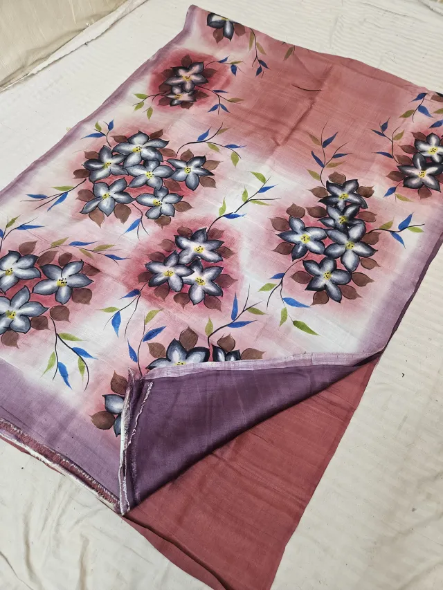 Dusty Rose Hand Painted Floral Pure Murshidabad Katan Silk Saree