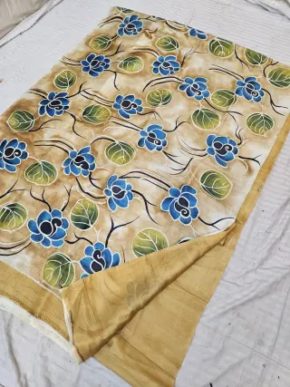 Sand Beige Hand Painted Blue Floral Pure Murshidabad Katan Silk Saree